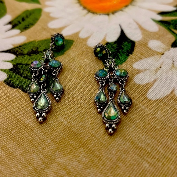 NWOT | Gorgeous Long Dangle Earrings | Blue & Green Iridescent Gems - Picture 1 of 4
